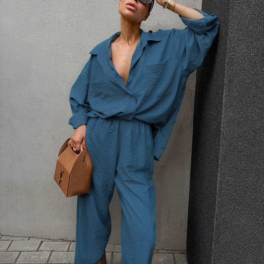 Lapel Long Sleeve Shirt Wide Leg Pants Set Design Sense Temperament Casual Two-Piece Suit