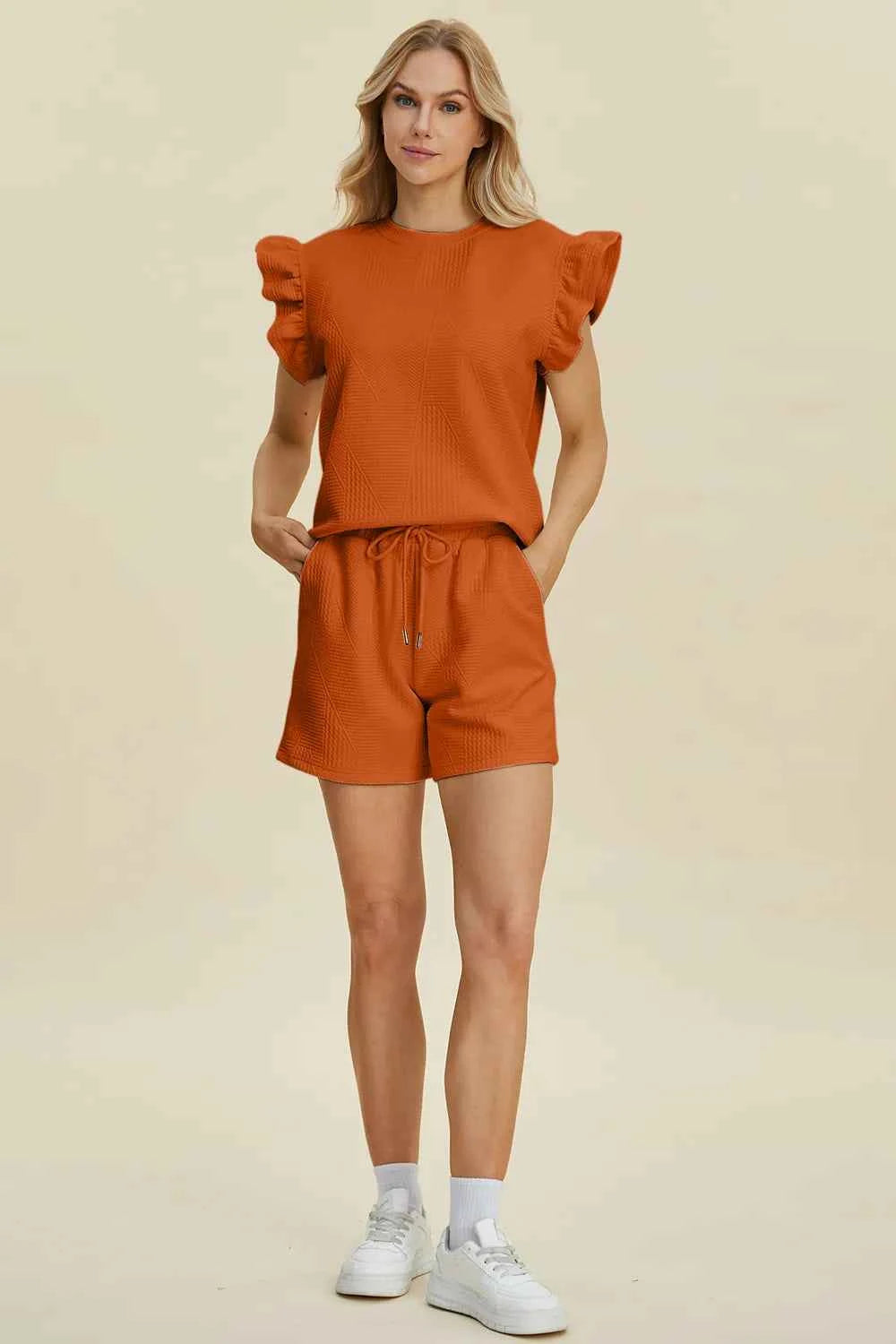 Round Neck Ruffle Sleeve Top and Shorts Set