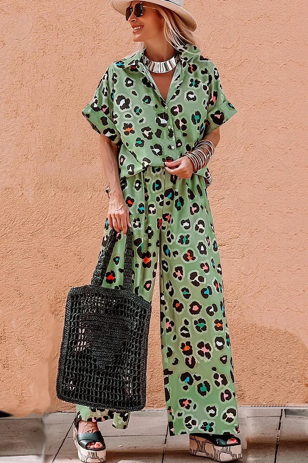 Leopard Collared Neck Top and Pants Set - CHIC TB