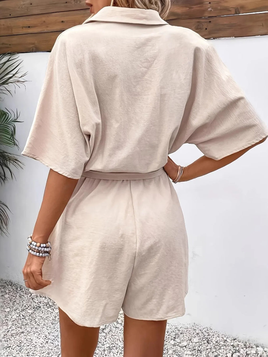 Button Front Tie Waist Romper.