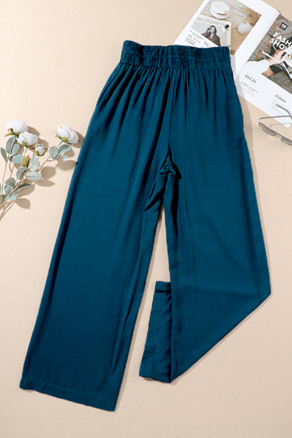 Blue Drawstring Elastic Waist Casual Wide Leg Pants Dear-Lover Dropshipping