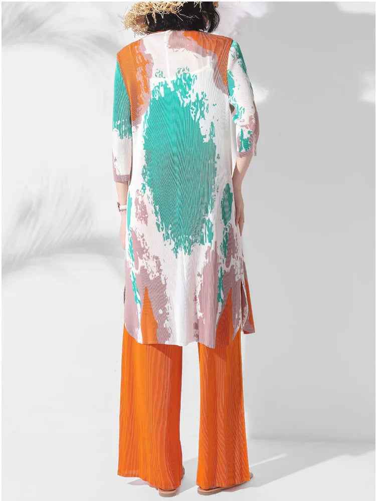 Folded print long jacket pants two-piece set stand collar button top wide leg pants two-piece set