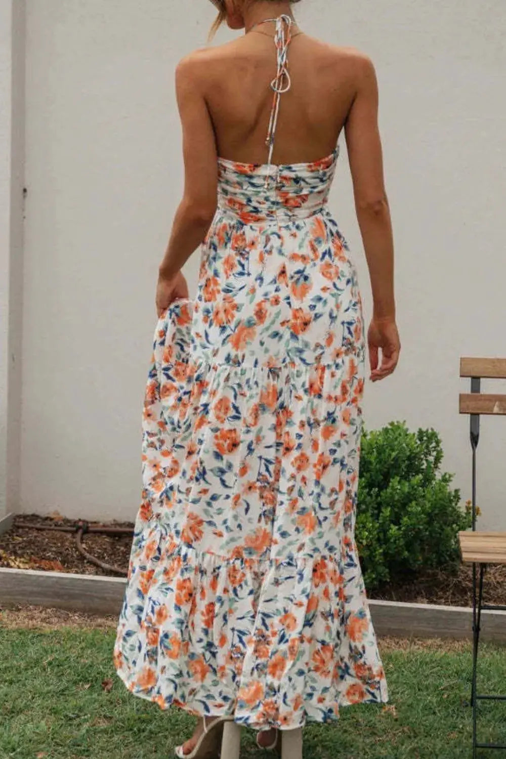 Floral Halter Neck Tiered Maxi Dress.