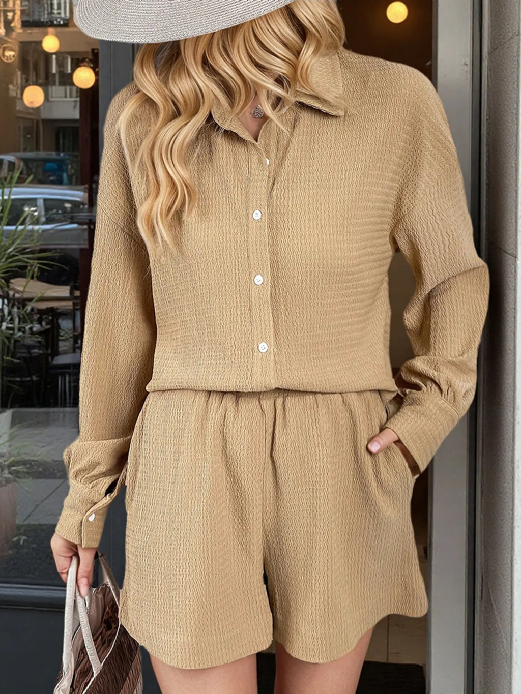 Button Up Long Sleeve Shirt and Shorts Set.