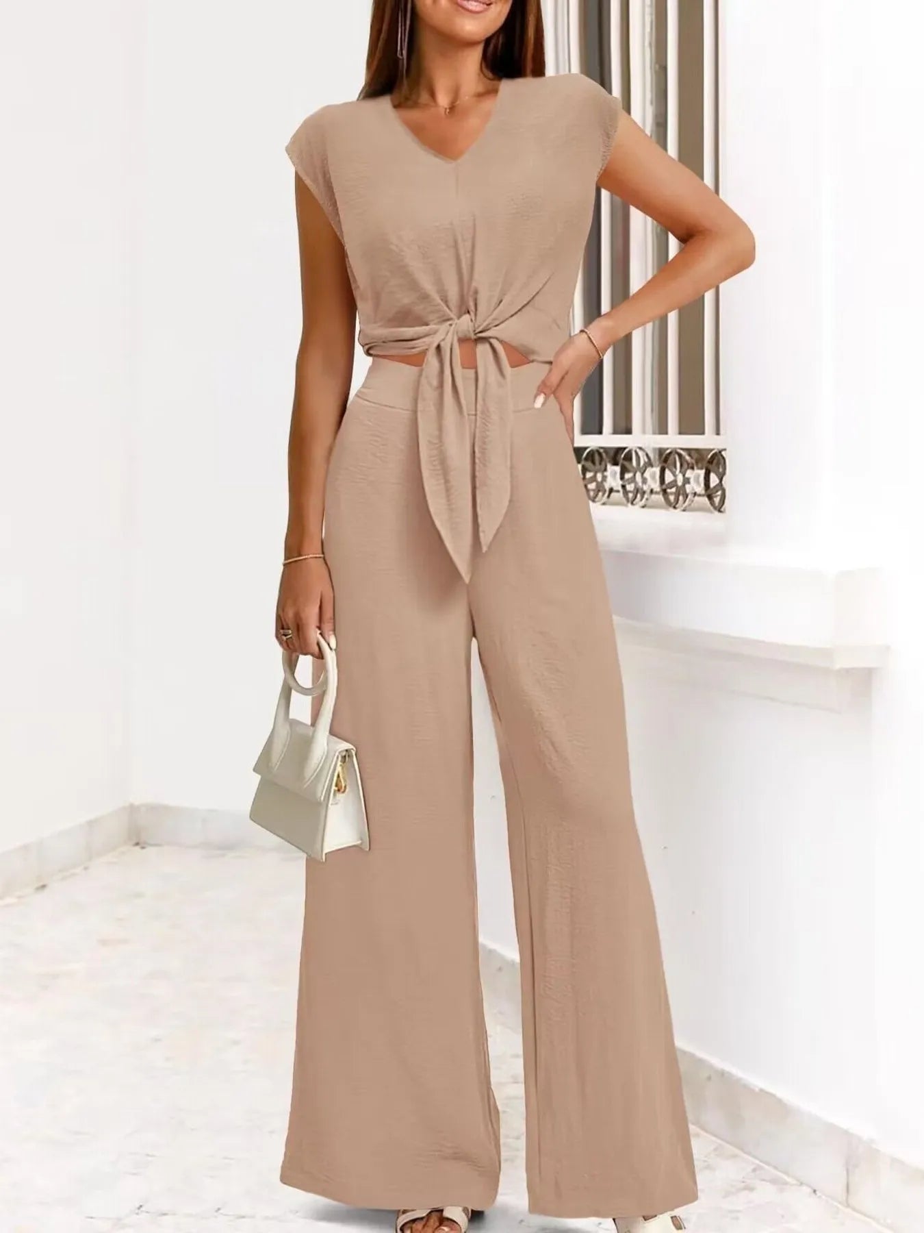 Tie Front Top and Wide Leg Pants Set.
