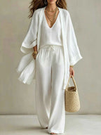 Womens V-Neck Cardigan Pants Three Piece Polyester Set