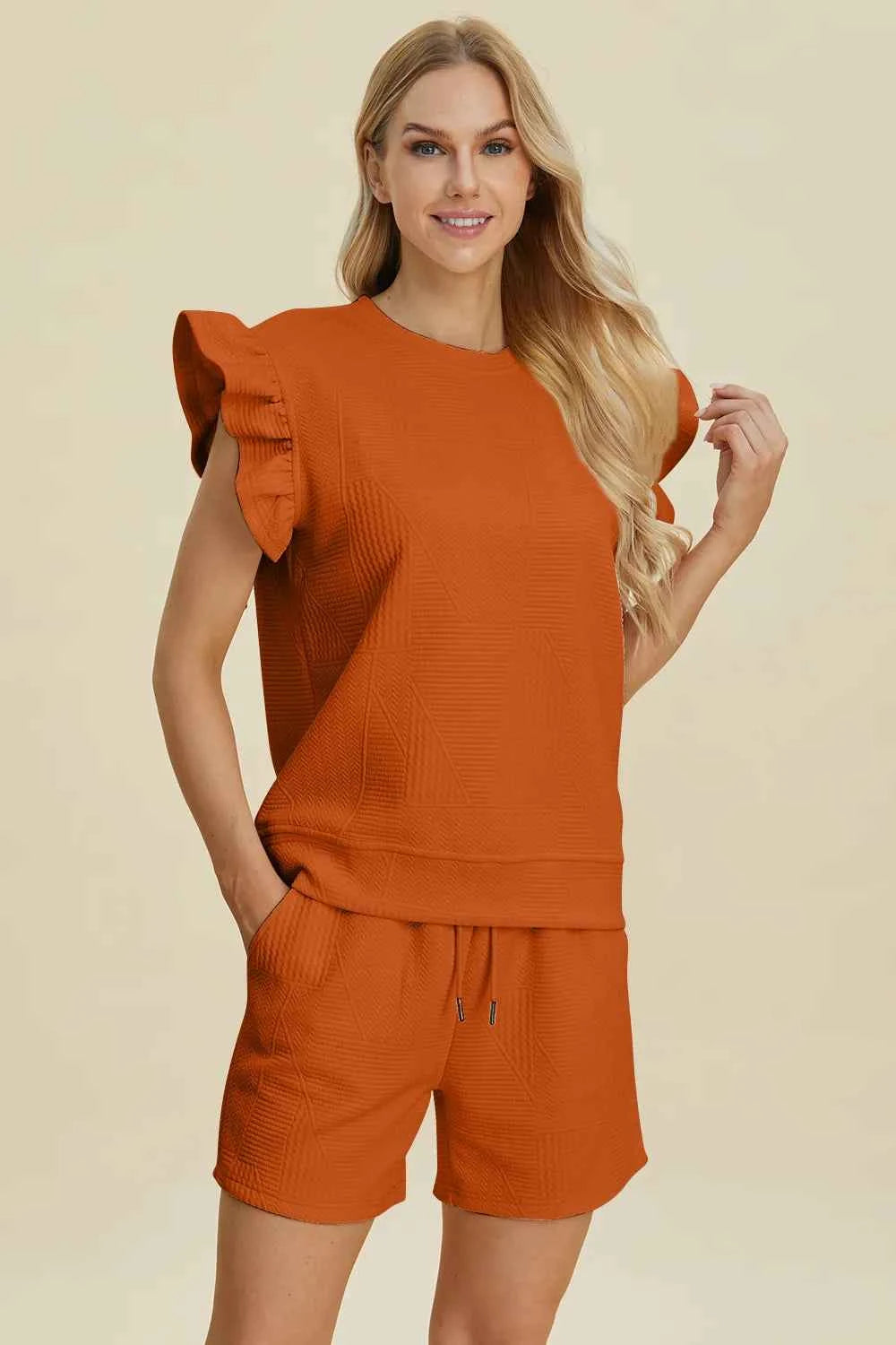 Round Neck Ruffle Sleeve Top and Shorts Set