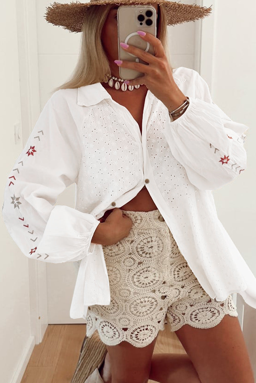 White Floral Embroidered Puff Sleeve Eyelet Patchwork Shirt Dear-Lover Dropshipping