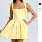 Square collar high waisted pleated patchwork bow suspender dress