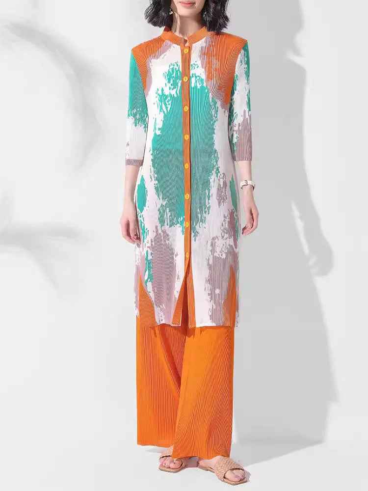 Folded print long jacket pants two-piece set stand collar button top wide leg pants two-piece set