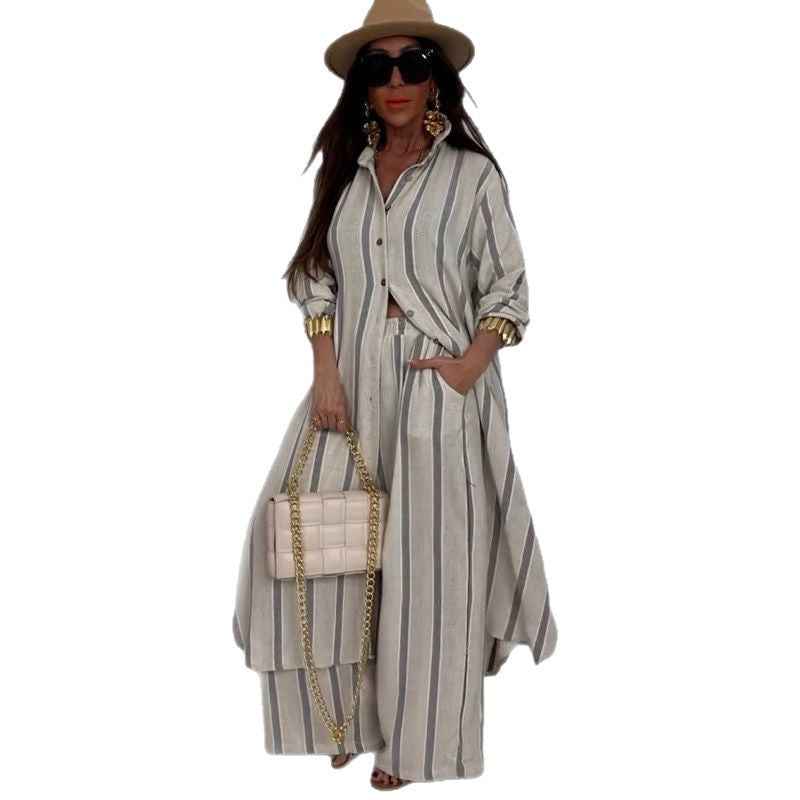 Elegant and sexy V-neck top+printed wide leg pants two-piece set