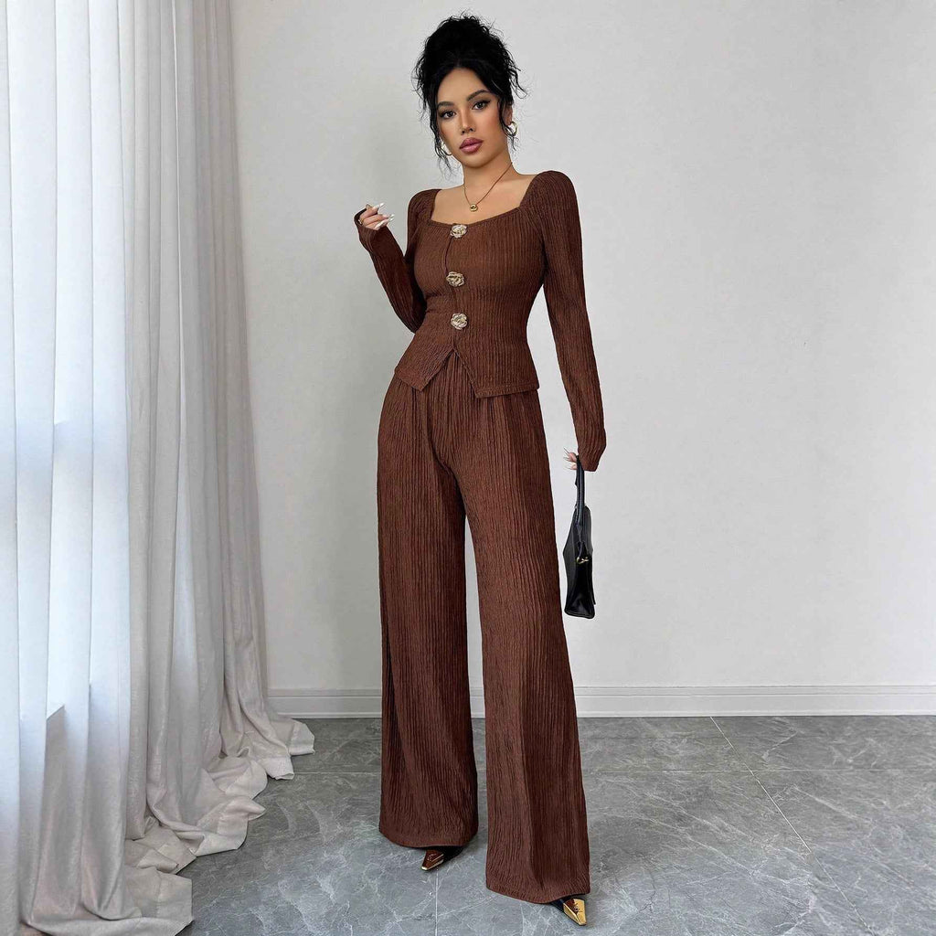 Solid color square neck slim fit set for women