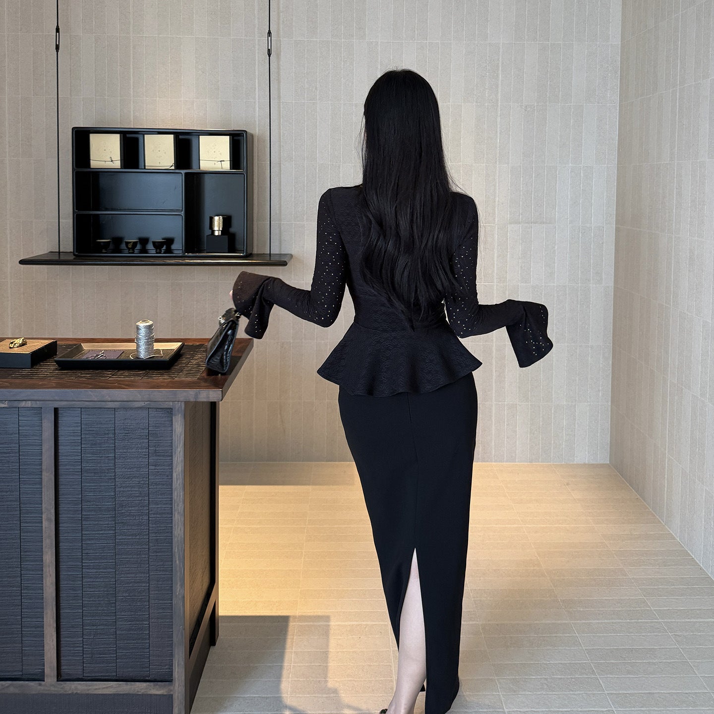 Lace peach collar top half skirt sexy long skirt set for women