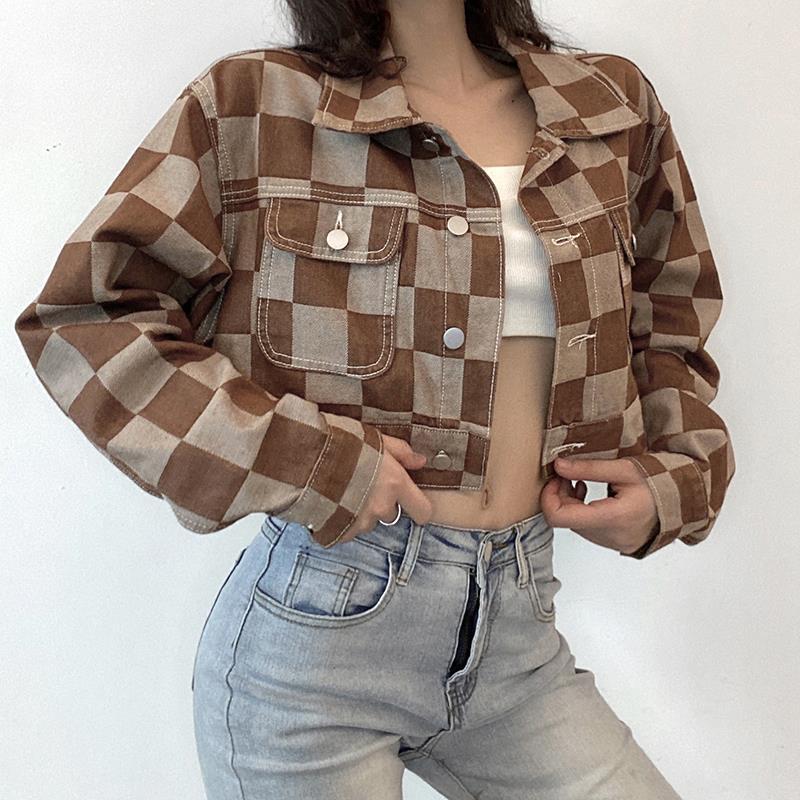 Vintage Brown Plaid Print Short Denim Jacket Women Korean Style Button Loose Jeans Coat Autumn Harajuku Outerwear 90s Iamhotty eprolo