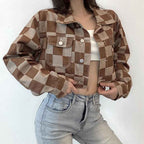 Women's Vintage Plaid Print Short Denim Jacket — Korean Style Loose Fit
