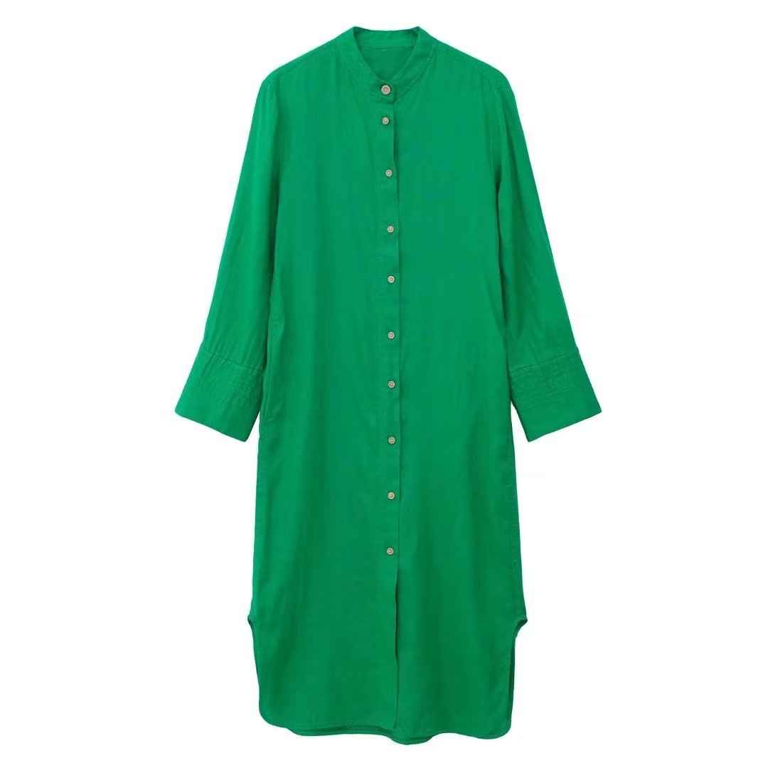 TRAF Summer Fashion Women Casual Shirt Robe Dress Traf Vintage Long Sleeve O Neck Side Split Loosen Female Midi Dresses Green