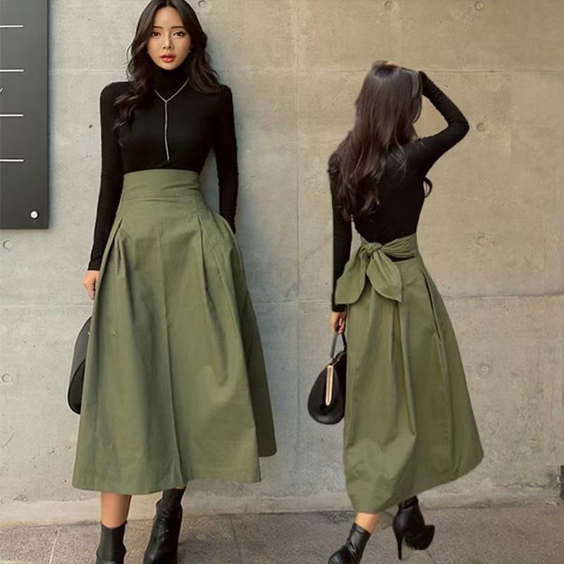 High Waist Midi A-Line Pleated Skirt with Bow Tie Belt, Fitted and Flared Design for Women