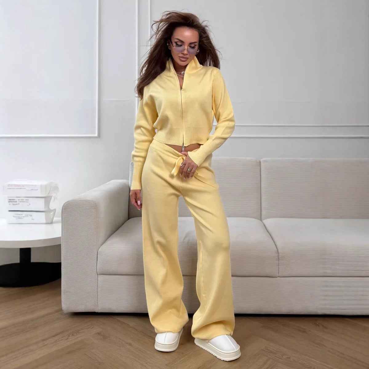 Double zipper knitted slim sweater set