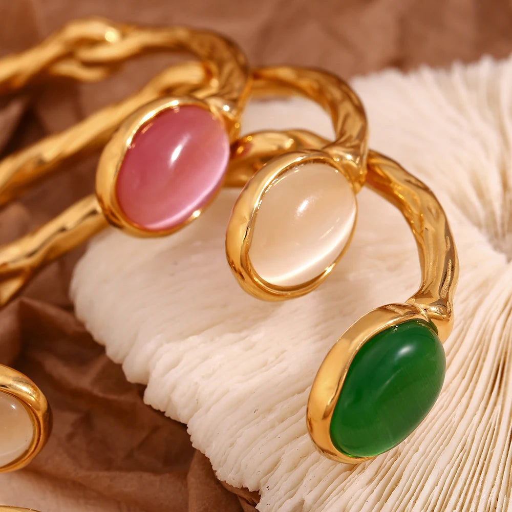 Oval Natural Stone Open Irregular Green Agate Pink Crystal Bracelet 18K Gold Plated 316L Stainless Steel Bracelets for Women eprolo