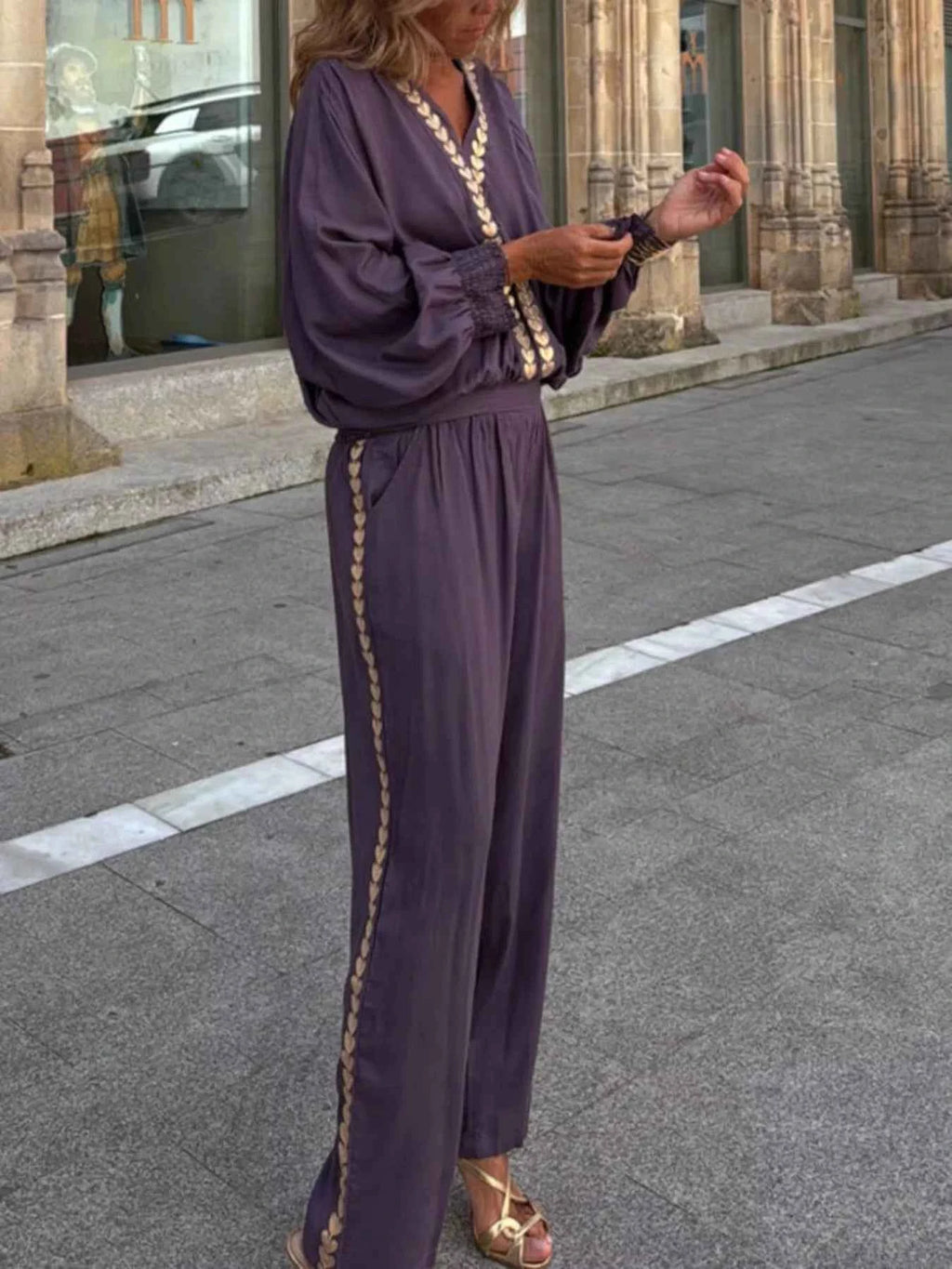 Full Size Contrast Trim V-Neck Top and Pants Set Plus Size