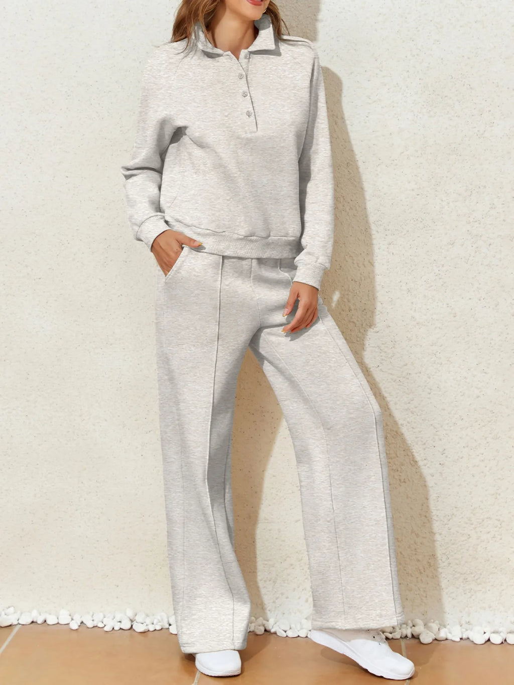Collared Sweatshirt and High Waist Pants Active Set.