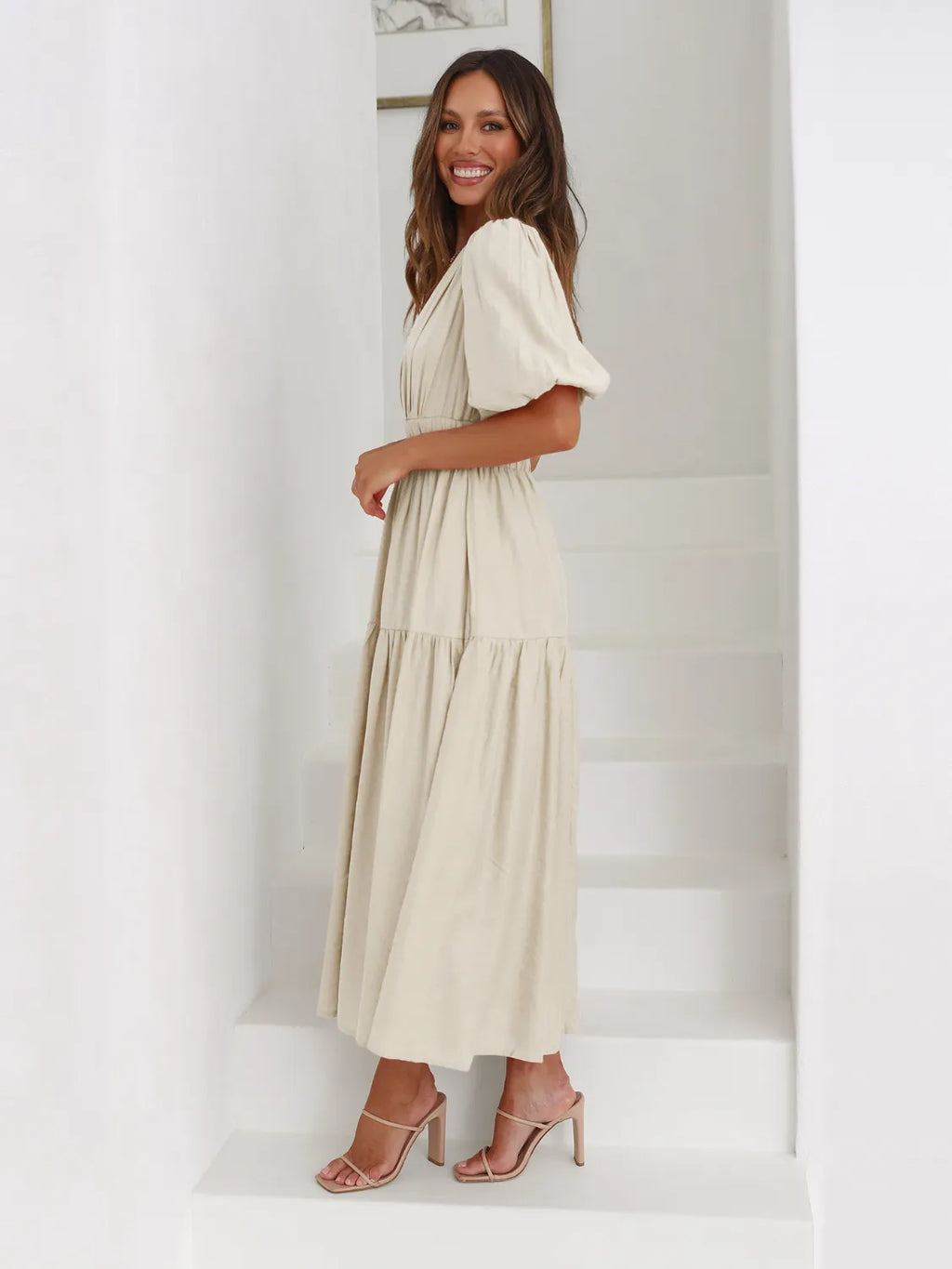 Tiered Surplice Half Sleeve Midi Dress.