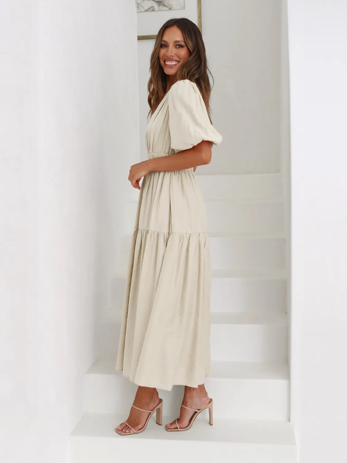 Tiered Surplice Half Sleeve Midi Dress.