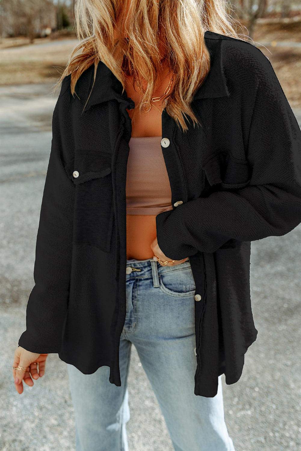 Black Contrast Flap Pockets Relaxed Shacket Dear-Lover Dropshipping