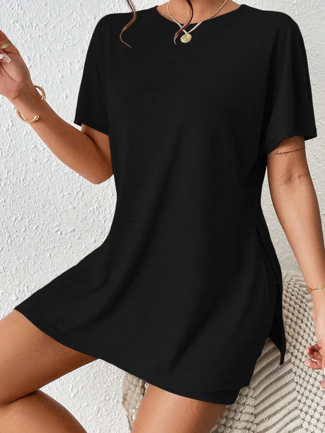 Slit Round Neck Short Sleeve Oversized Top and Shorts Set.