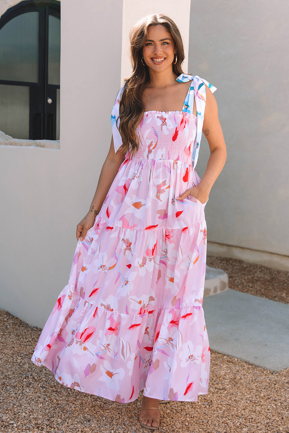 Pink Floral Print Knotted Shoulder Smocked Maxi Dress Dear-Lover Dropshipping