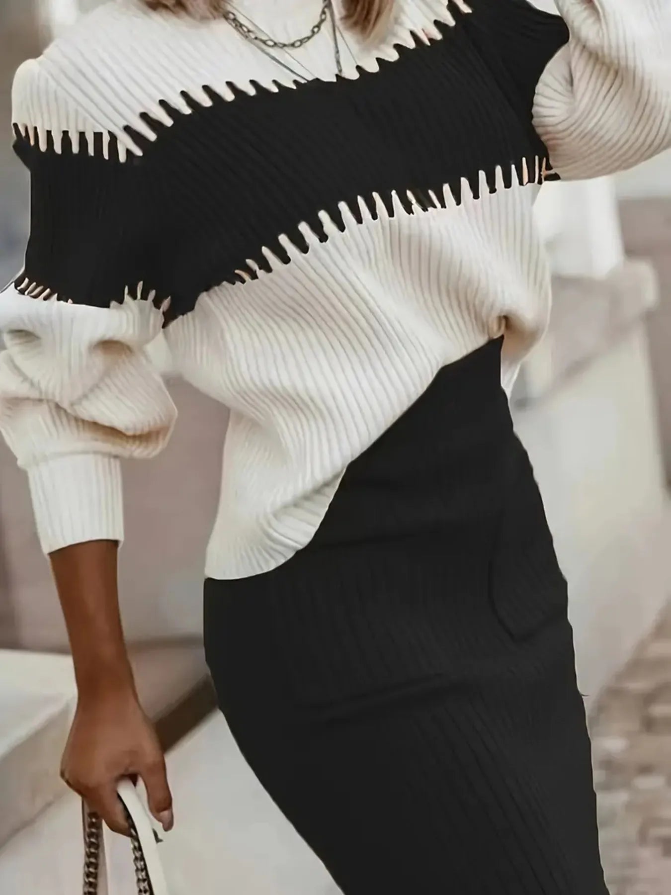 Two-Tone Ribbed Knit Top and Skirt Sweater Set.