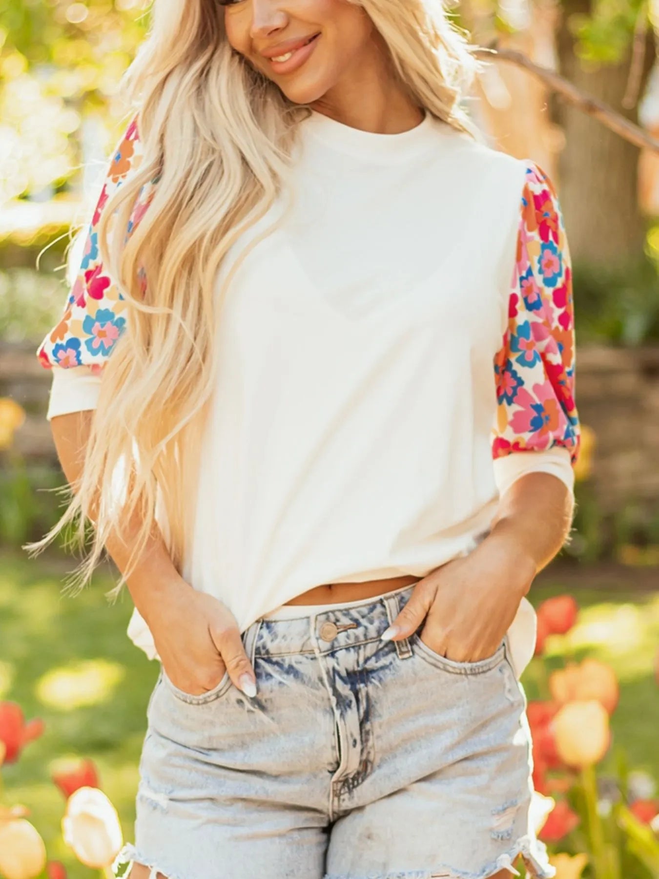 Floral Puff Sleeve Round Neck T-Shirt.