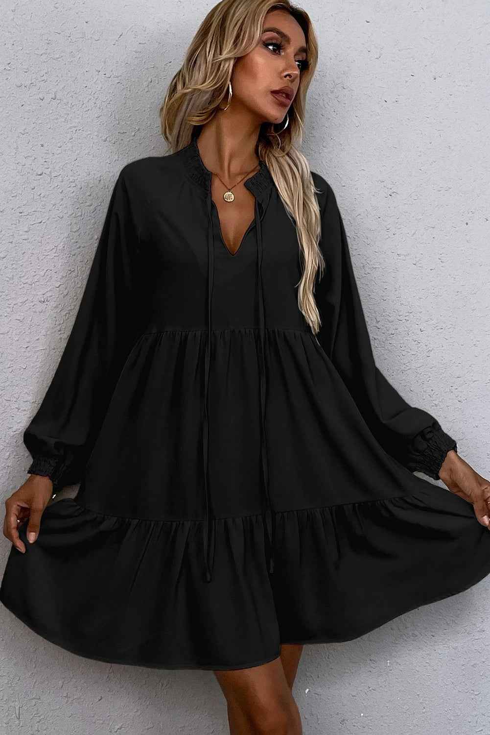Black Tie Split Neck Smocked Detail Long Puff Sleeve Ruffle Hem Loose Dress