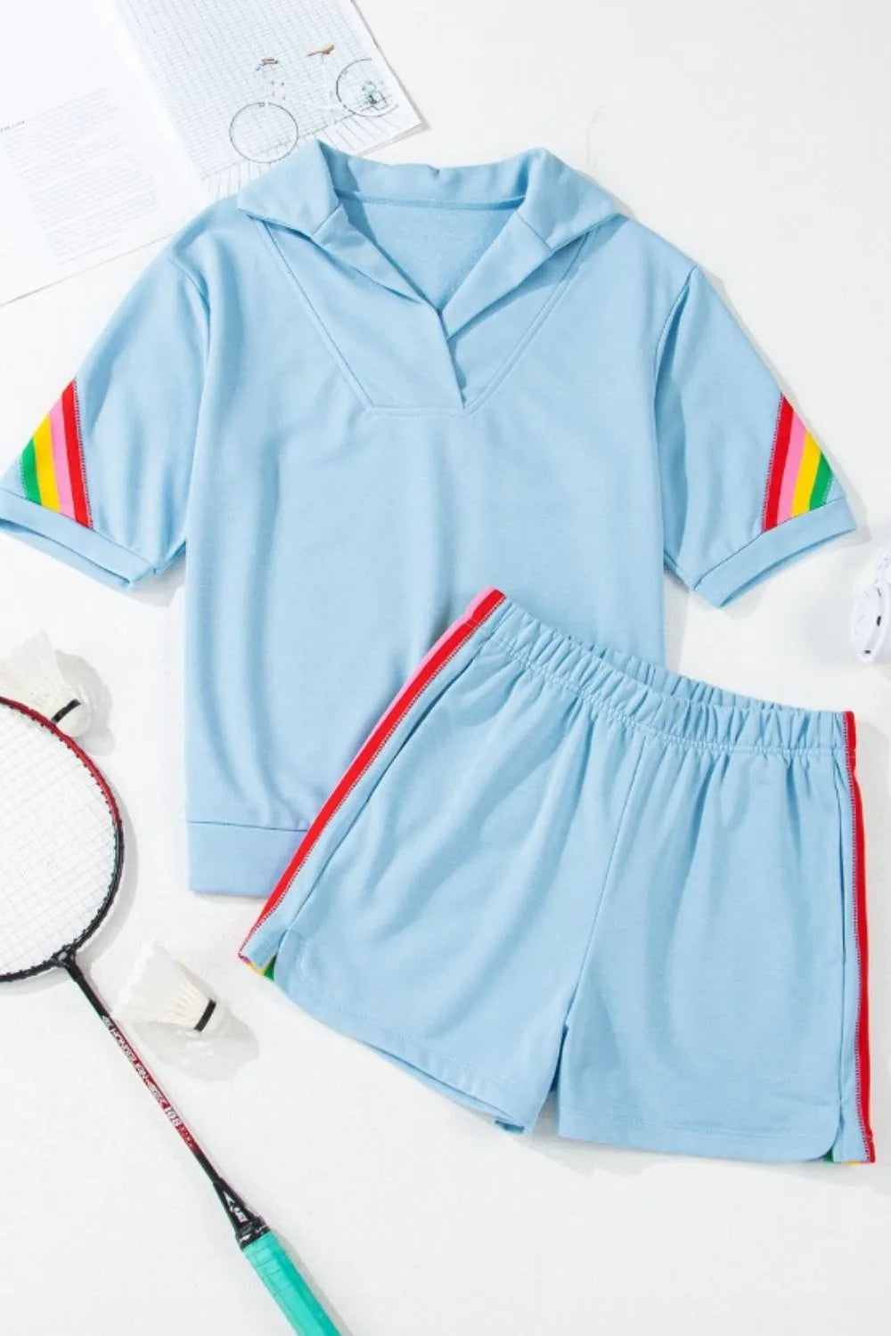 Rainbow Collared Short Sleeve Top and Shorts Set.