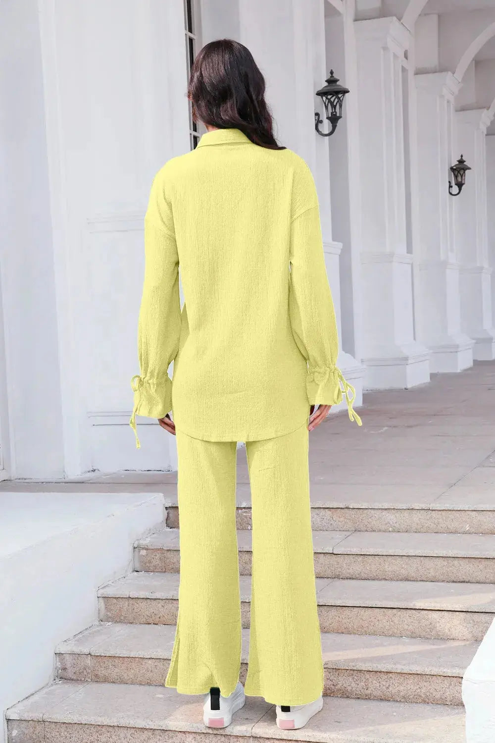 Drawstring Flounce Sleeve Shirt and Pants Set.