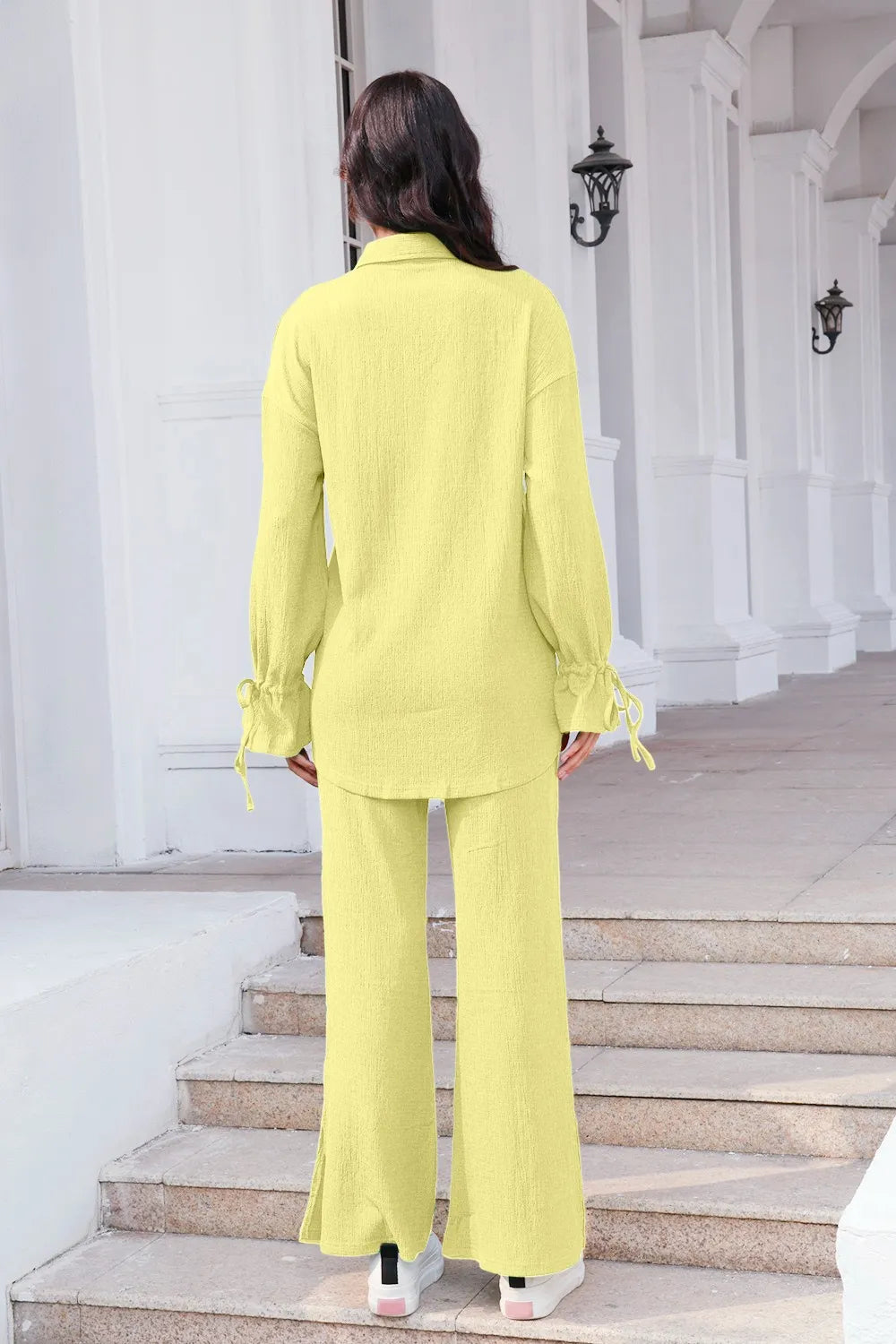 Drawstring Flounce Sleeve Shirt and Pants Set - CHIC TB
