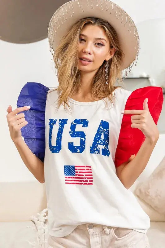 USA Theme Color Block Organza Ruffle Sleeve Top.