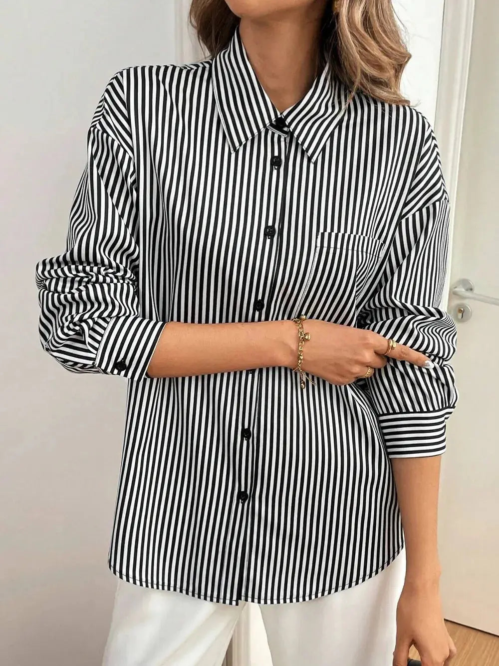 Cutout Bow Back Striped Collared Neck Long Sleeve Shirt.