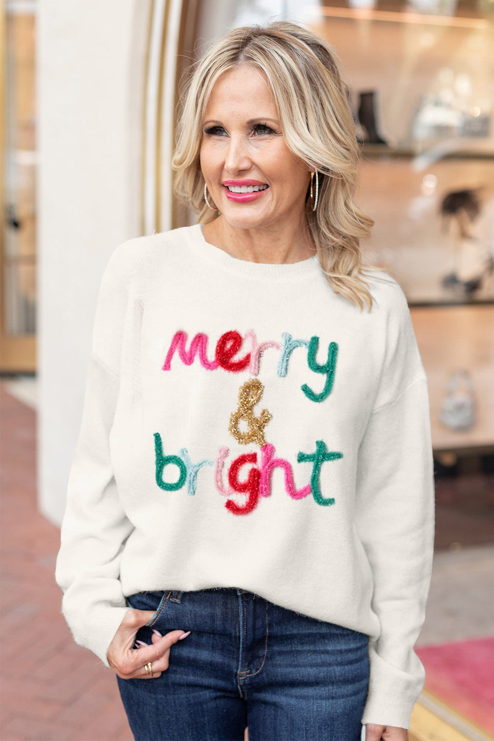 White Merry & Bright Round Neck Casual Sweater Dear-Lover Dropshipping