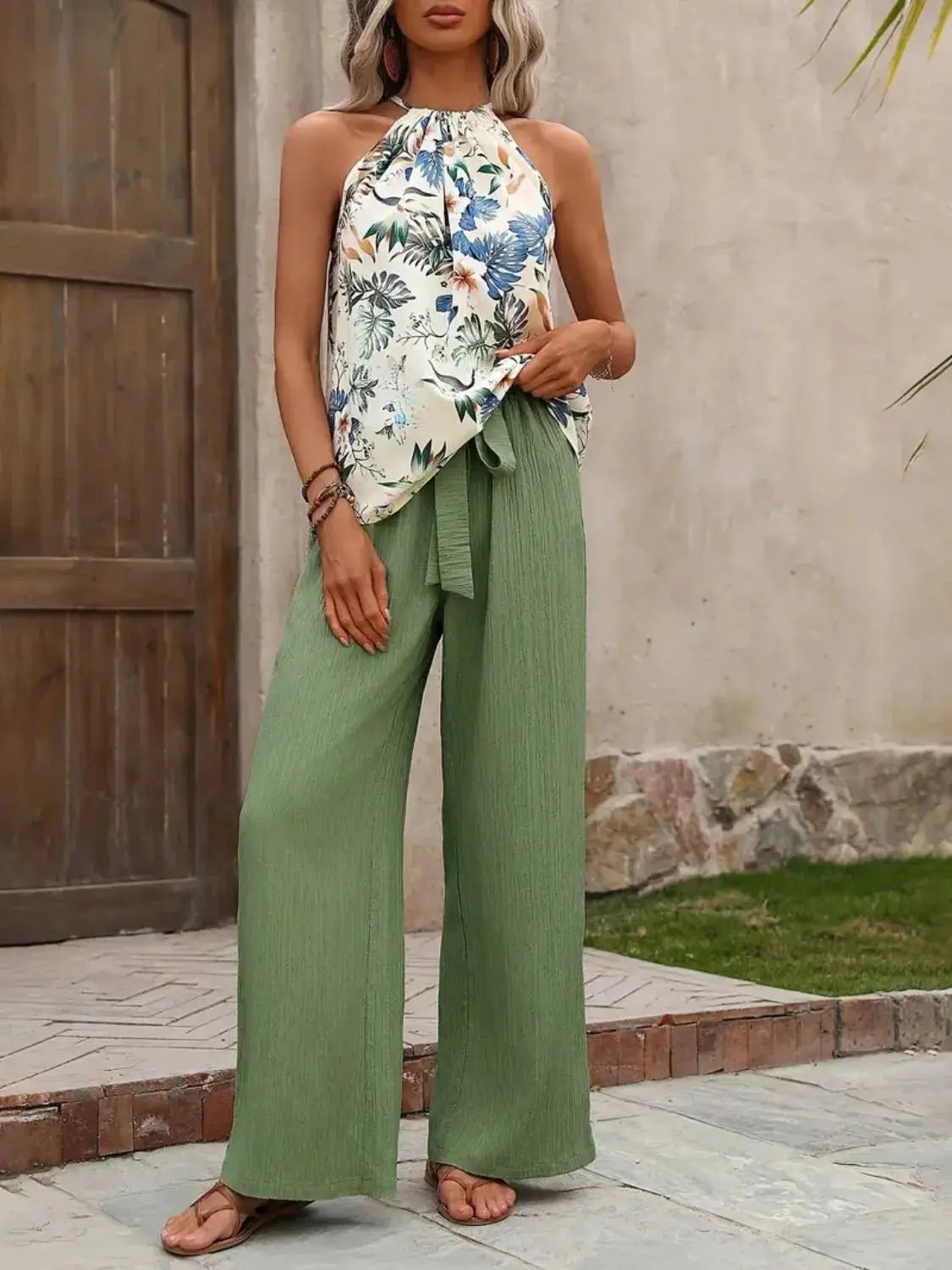 Tank Top and Wide Leg Pants Set.