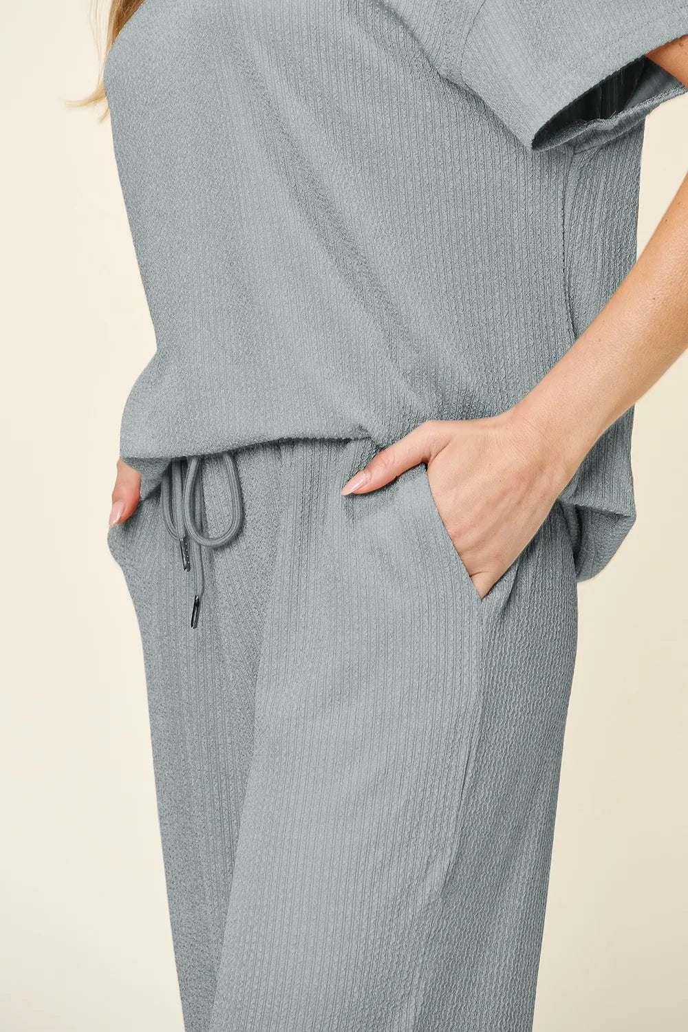 Double Take Full Size Texture Round Neck Short Sleeve T-Shirt and Wide Leg Pants - CHIC TB