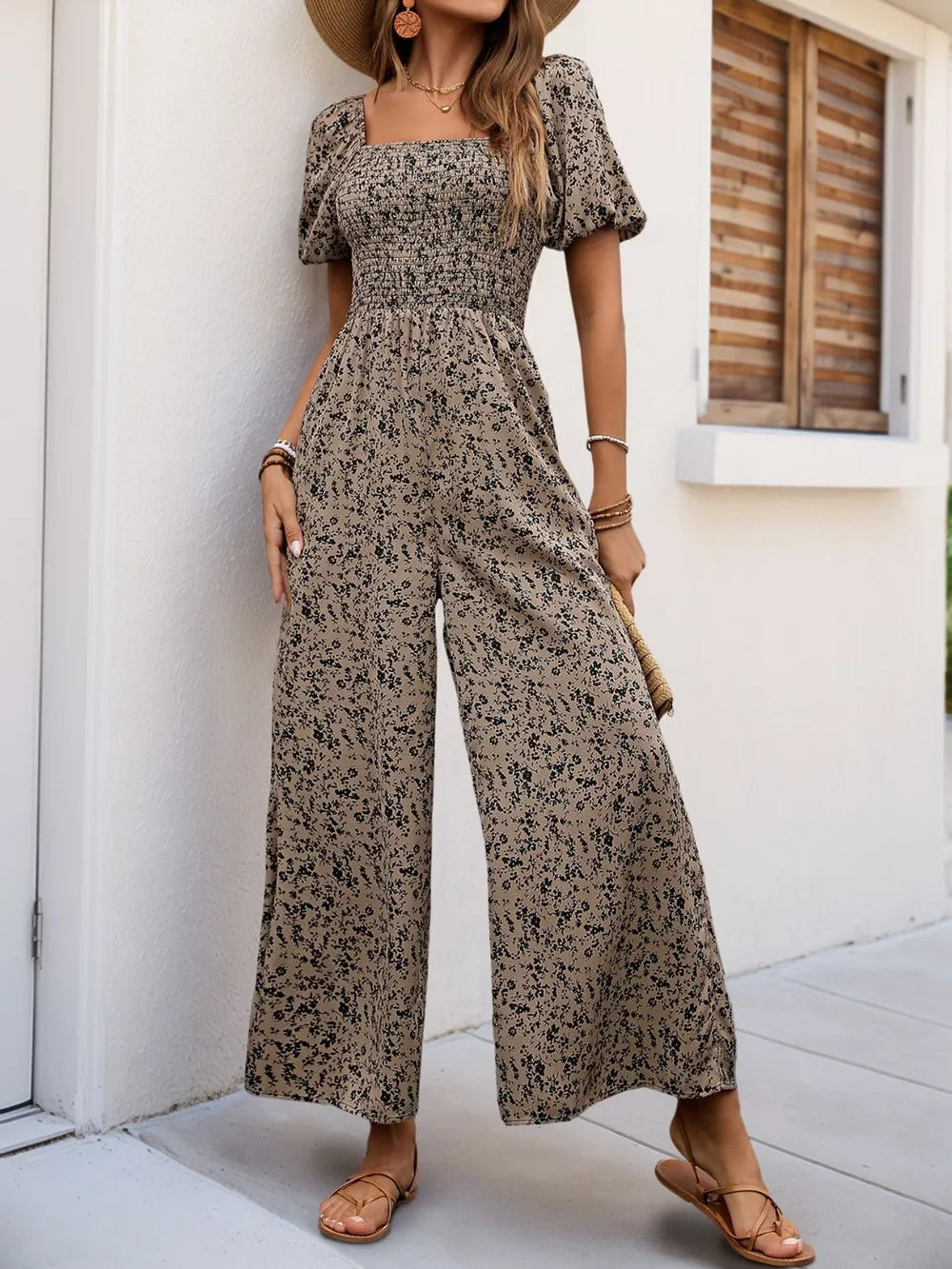 Perfee Smocked Printed Square Neck Puff Sleeve Jumpsuit.