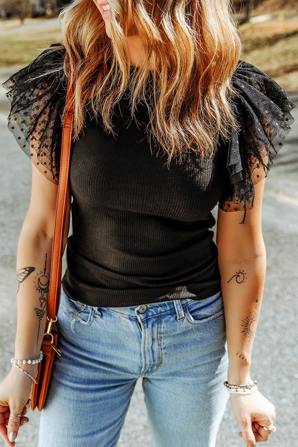 Black Dotty Mesh Ruffle Sleeve Ribbed Knit Top Dear-Lover Dropshipping