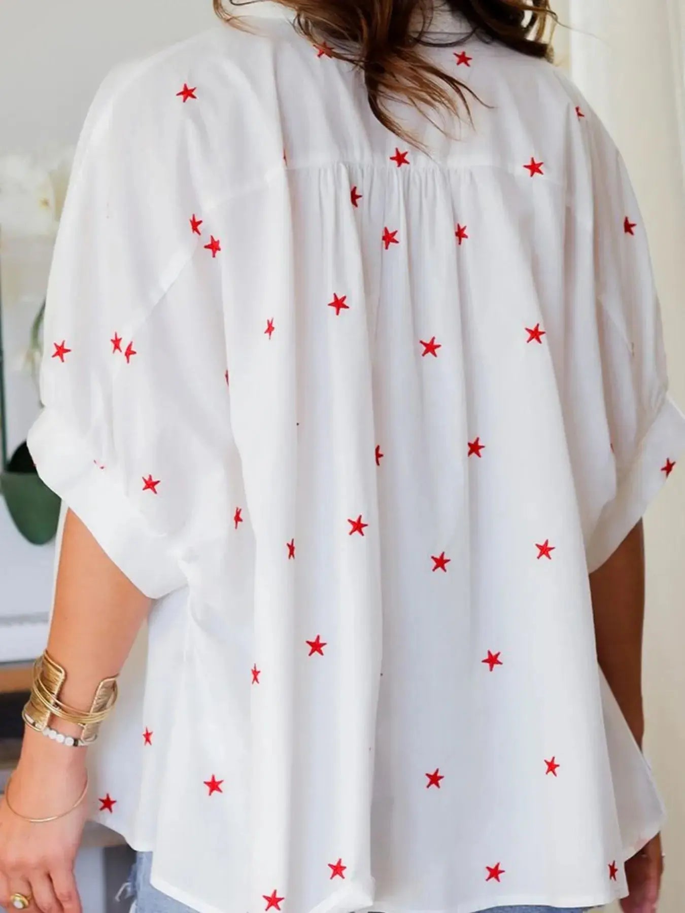 Star Print Puff Sleeve Button-Up Shirt.