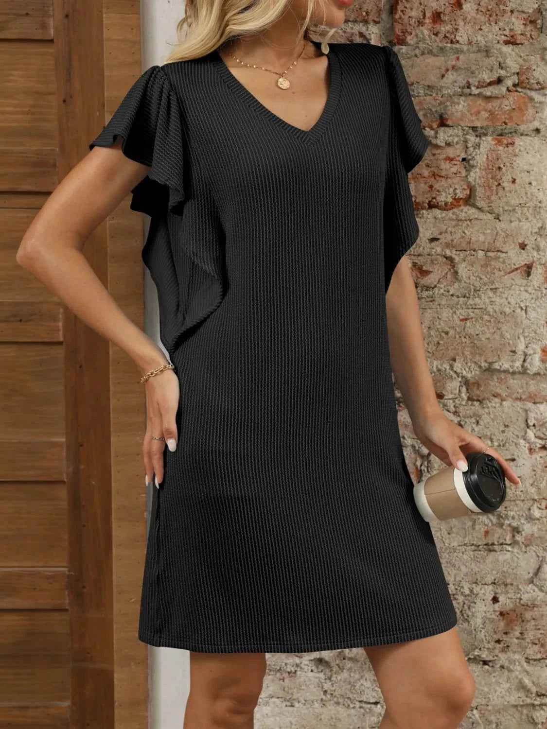 Ruffled V-Neck Cap Sleeve Mini Dress.