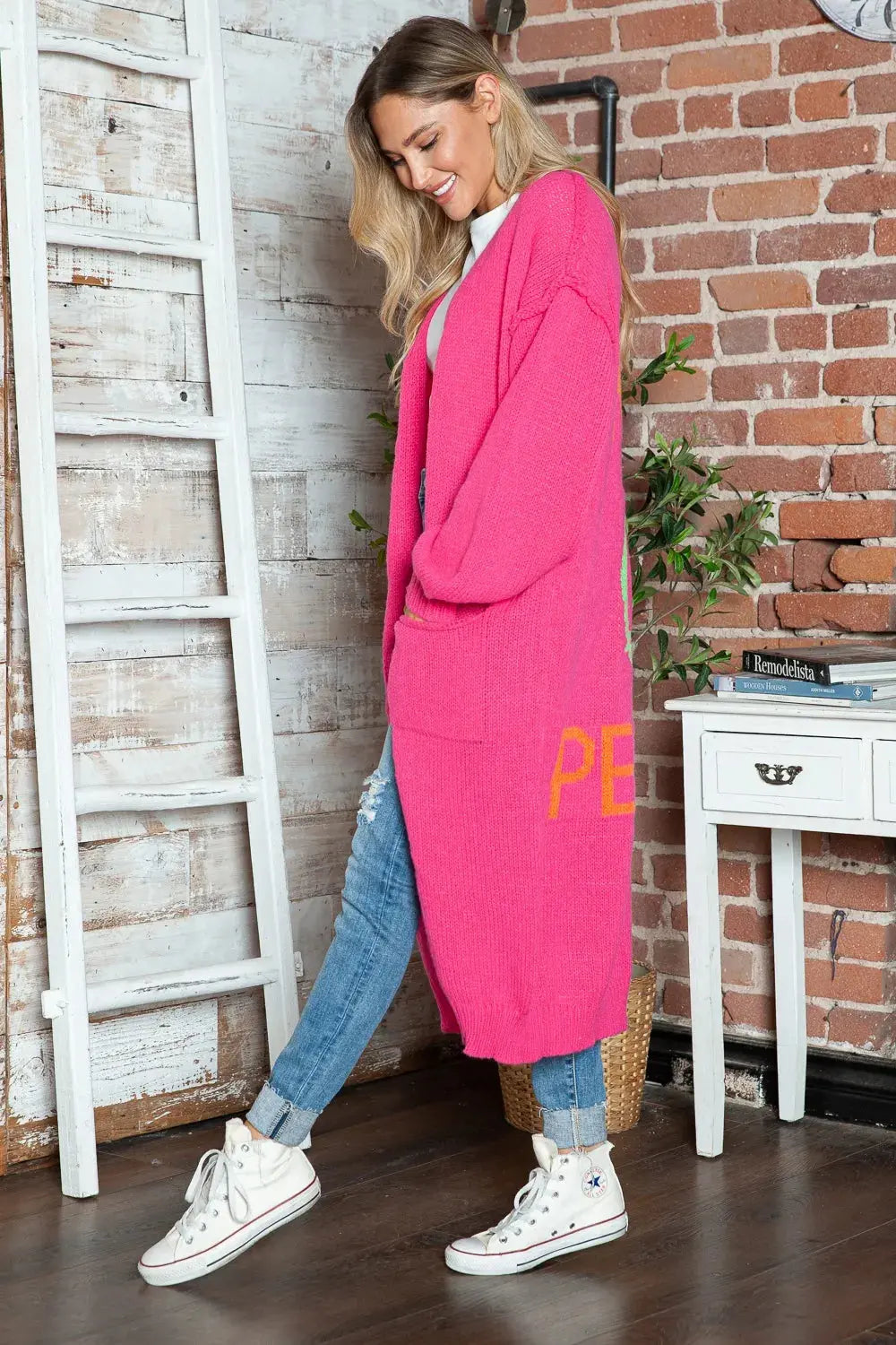 Letter Dropped Shoulder Long Sleeve Cardigan.