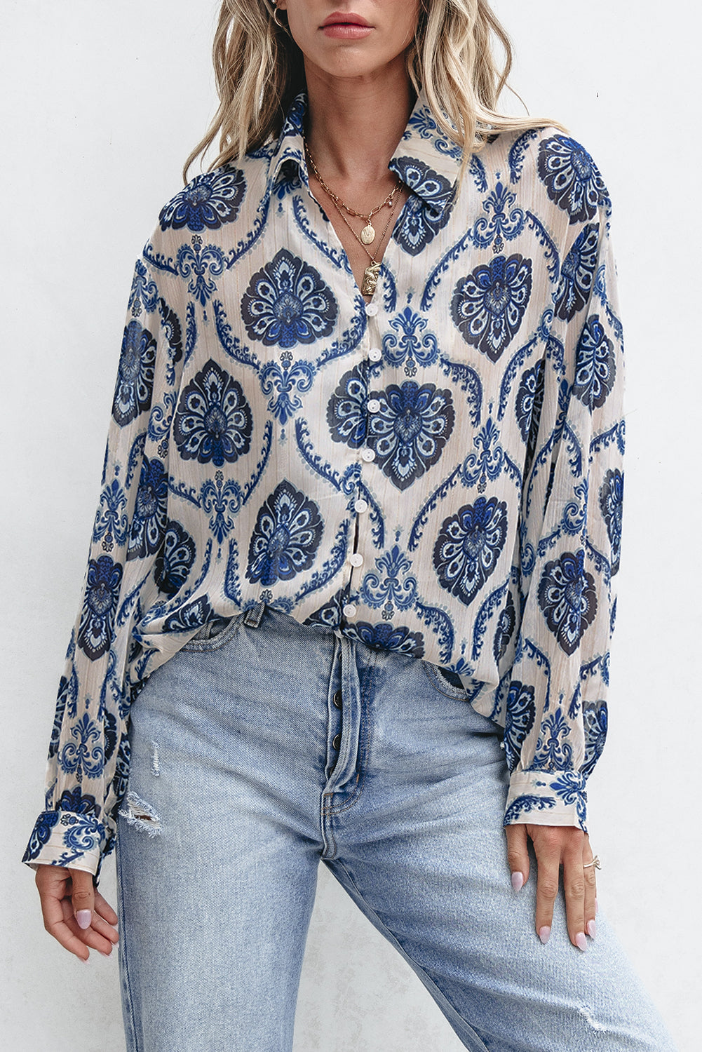 Blue Tribal Pattern Buttoned Front Loose Shirt Dear-Lover Dropshipping