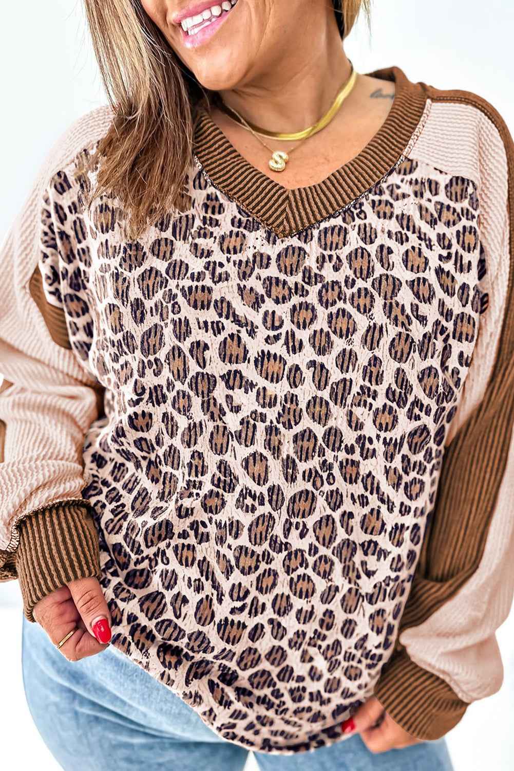 Parchment Leopard Colorblock Patchwork Twist Ribbed Plus Size V Neck Baggy Pullover