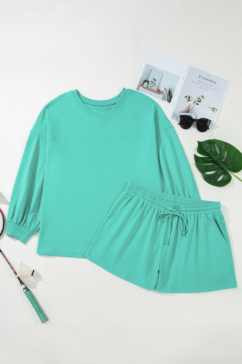 Sea Green Drop Shoulder V Neck Pullover Top and Drawstring Short Plus Size Set Dear-Lover Dropshipping