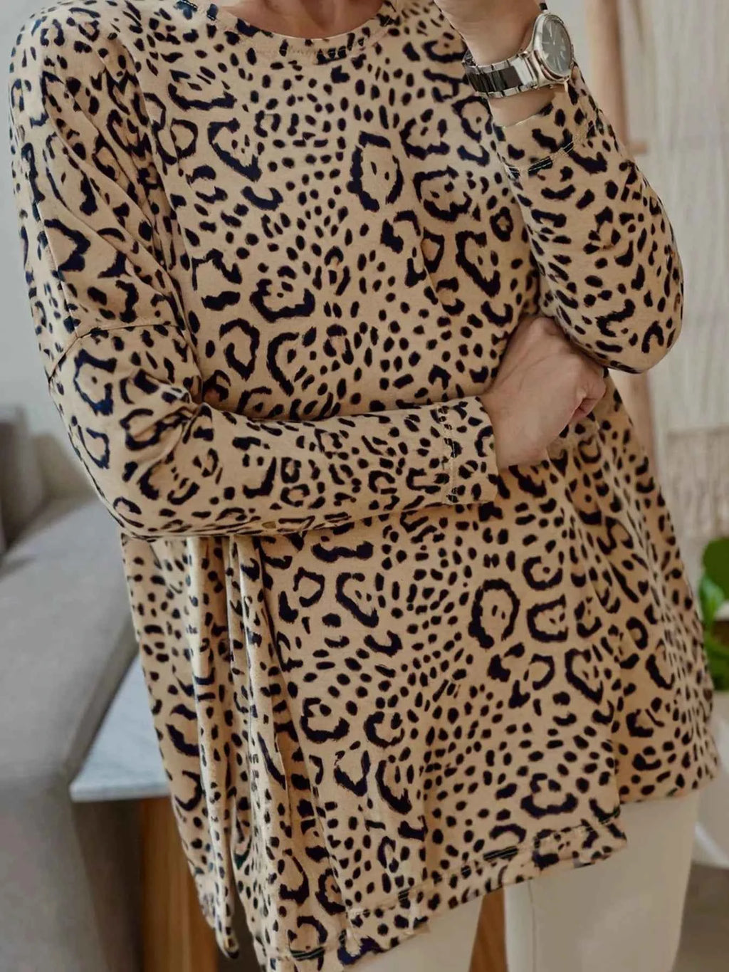 Leopard Round Neck Long Sleeve T-Shirt